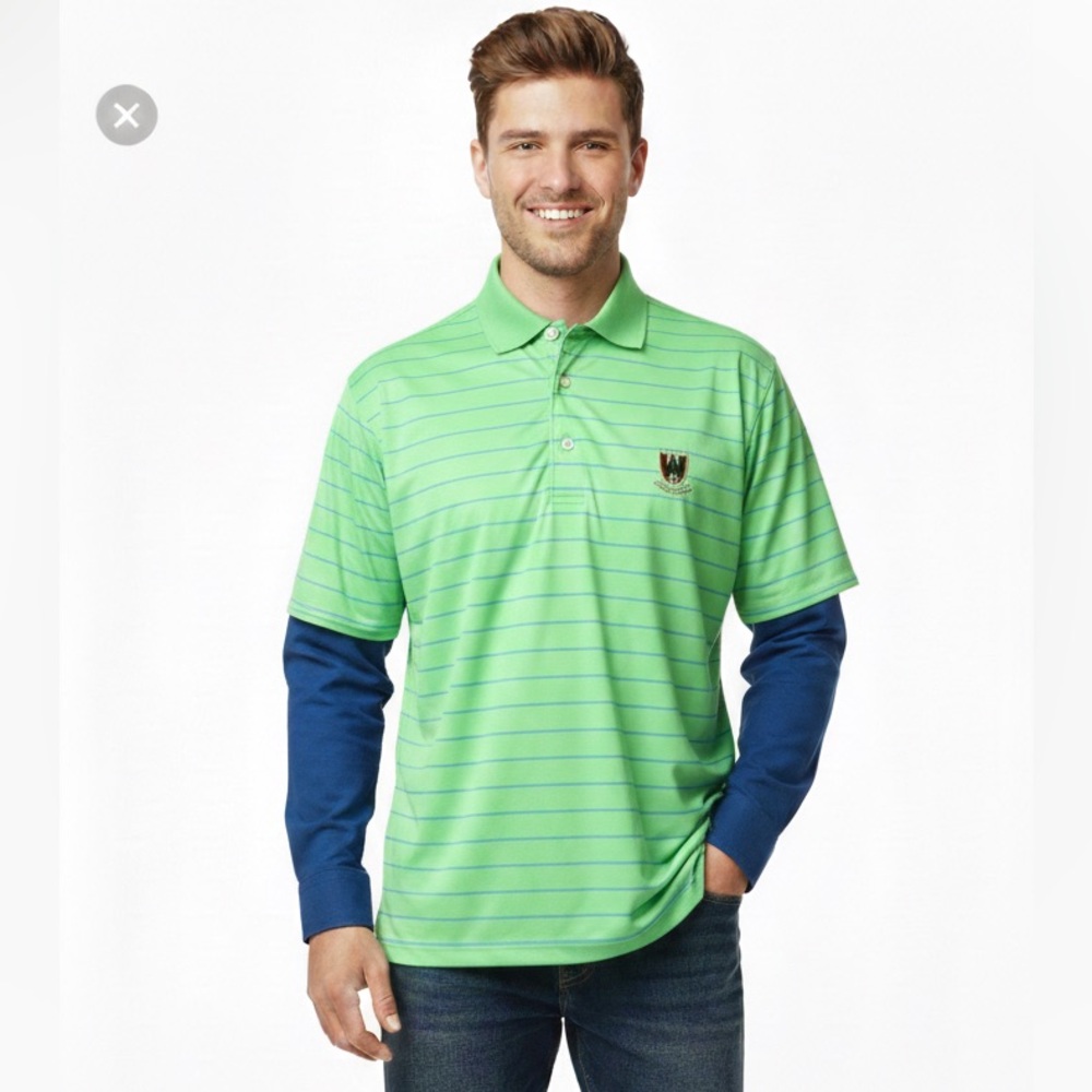 Peter Millar Pine Valley Seafoam‎ Green Blue Striped Golf Polo EUC Classic
